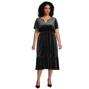 Terra & Sky Charcoal Grey Black Tiered Ruffled V-Neck Velvet Midi Dress 2X